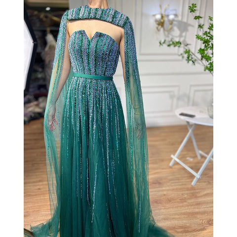 Arabic Green Cape Sleeves A Line Beaded Evening Dresses Long 2025 Celebrity Gowns For Woman Wedding Party LA71912