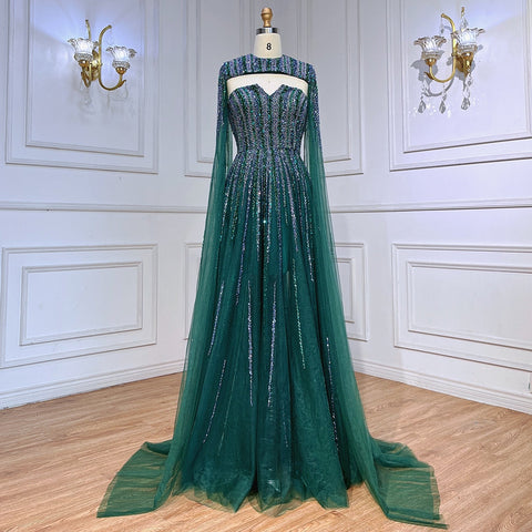 Arabic Green Cape Sleeves A Line Beaded Evening Dresses Long 2025 Celebrity Gowns For Woman Wedding Party LA71912