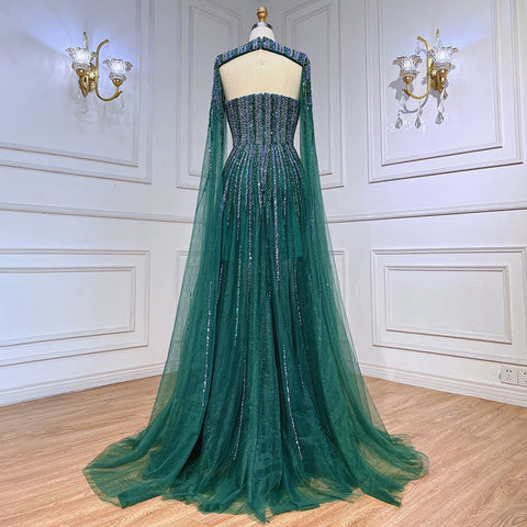 Arabic Green Cape Sleeves A Line Beaded Evening Dresses Long 2025 Celebrity Gowns For Woman Wedding Party LA71912