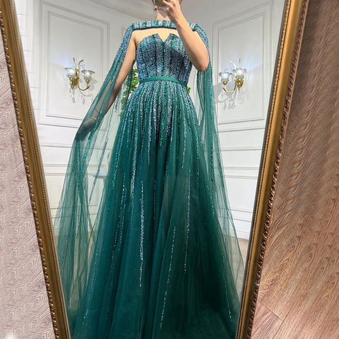 Arabic Green Cape Sleeves A Line Beaded Evening Dresses Long 2025 Celebrity Gowns For Woman Wedding Party LA71912