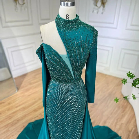 Arabic Green Elegant Mermaid One Shoulder Beaded Luxury Dubai Evening Dresses Gowns For Women Wedding Party LA72550