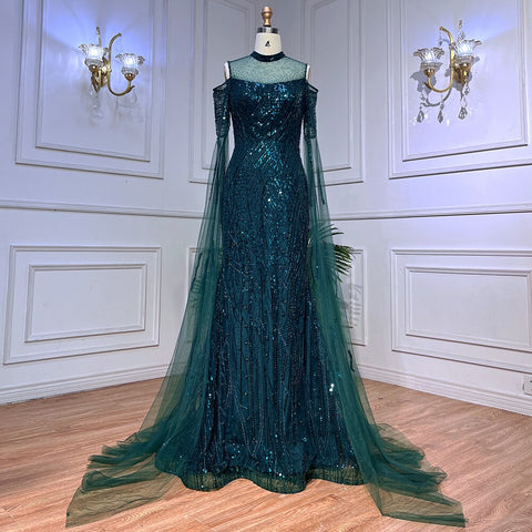 Robe de soirée sirène verte arabe perlée avec manches cape pour femme, tenue de mariage, LA72041 
