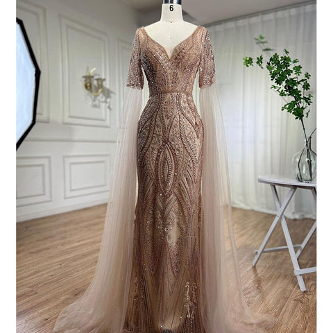 Arabic Green Mermaid Elegant Beaded Evening Dresses With Cape Sleeves Gowns For Women  Wedding Party 2025 LA72131