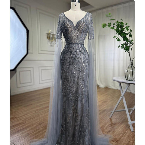 Arabic Green Mermaid Elegant Beaded Evening Dresses With Cape Sleeves Gowns For Women  Wedding Party 2025 LA72131