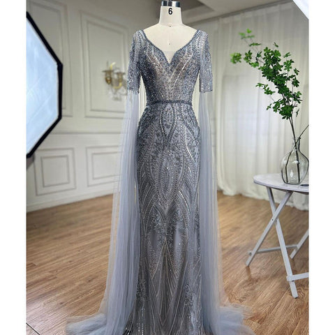 Arabic Green Mermaid Elegant Beaded Evening Dresses With Cape Sleeves Gowns For Women  Wedding Party 2025 LA72131