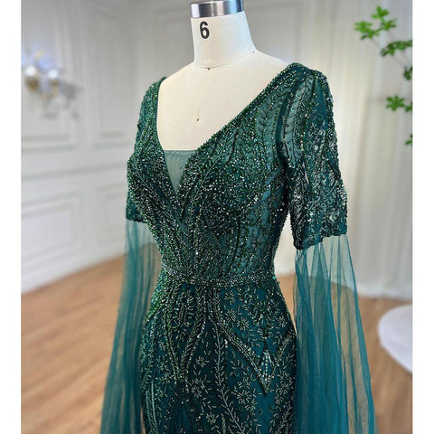 Arabic Green Mermaid Elegant Beaded Evening Dresses With Cape Sleeves Gowns For Women  Wedding Party 2025 LA72131