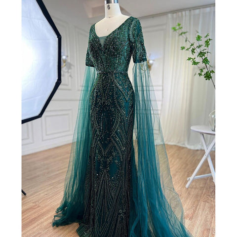 Arabic Green Mermaid Elegant Beaded Evening Dresses With Cape Sleeves Gowns For Women  Wedding Party 2025 LA72131