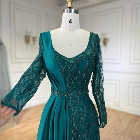 Arabic Green Mermaid Elegant Satin Lace Beaded Luxury Dubai Evening Dresses Gowns For Women Wedding Party LA71860A