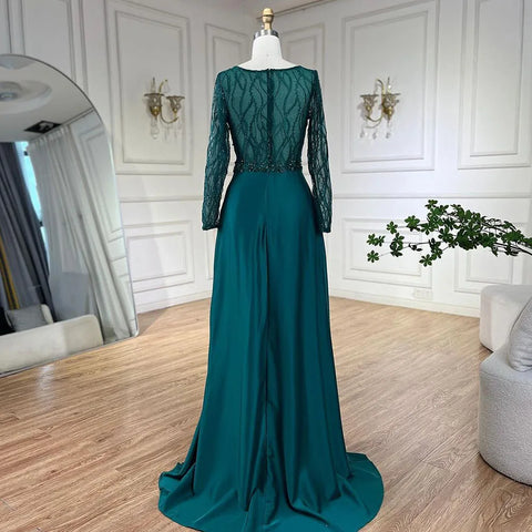 Arabic Green Mermaid Elegant Satin Lace Beaded Luxury Dubai Evening Dresses Gowns For Women Wedding Party LA71860A
