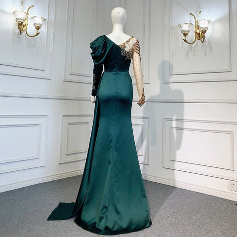 Arabic Green Mermaid V-Neck Evening Dresses Gowns Elegant Overskirt Luxury Lace Beaded 2025 For Women Party LA71578