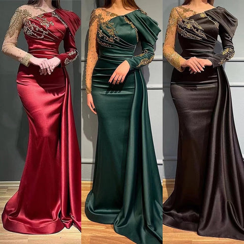 Arabic Green Mermaid V-Neck Evening Dresses Gowns Elegant Overskirt Luxury Lace Beaded 2025 For Women Party LA71578