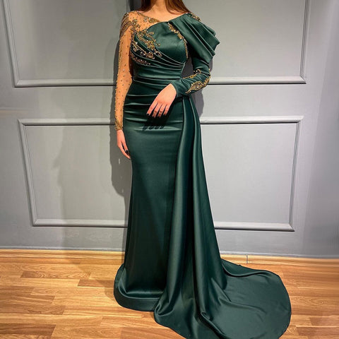 Arabic Green Mermaid V-Neck Evening Dresses Gowns Elegant Overskirt Luxury Lace Beaded 2025 For Women Party LA71578