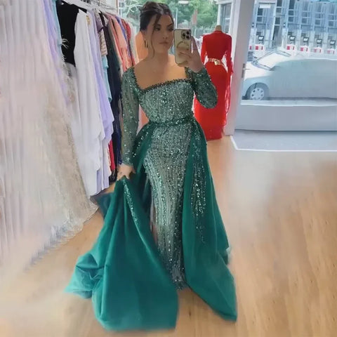 Robe de soirée sirène verte style arabe avec jupe et perles, luxueuse tenue de soirée pour occasions spéciales (2025) (LA72710) 