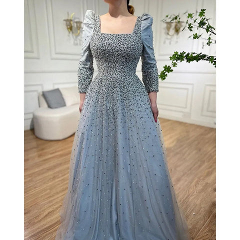 Vestidos de noche elegantes de lujo con cuentas, corte en A, color gris árabe, hombros abullonados, para mujer, ideales para bodas y fiestas (2025) LA71368 