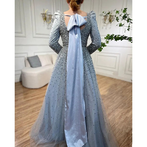 Vestidos de noche elegantes de lujo con cuentas, corte en A, color gris árabe, hombros abullonados, para mujer, ideales para bodas y fiestas (2025) LA71368 