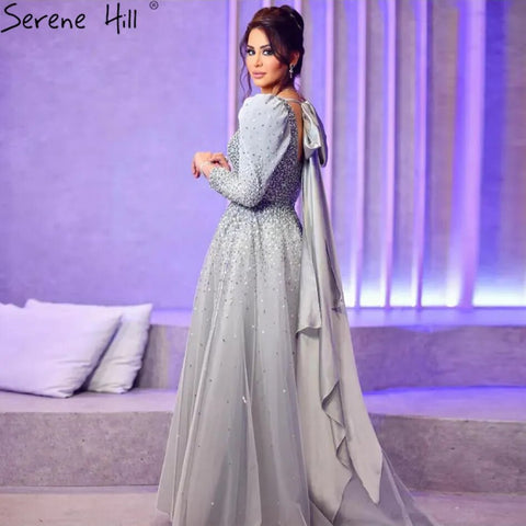 Vestidos de noche elegantes de lujo con cuentas, corte en A, color gris árabe, hombros abullonados, para mujer, ideales para bodas y fiestas (2025) LA71368 