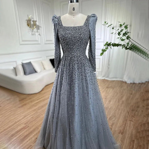 Vestidos de noche elegantes de lujo con cuentas, corte en A, color gris árabe, hombros abullonados, para mujer, ideales para bodas y fiestas (2025) LA71368 
