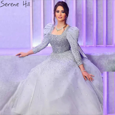 Vestidos de noche elegantes de lujo con cuentas, corte en A, color gris árabe, hombros abullonados, para mujer, ideales para bodas y fiestas (2025) LA71368 
