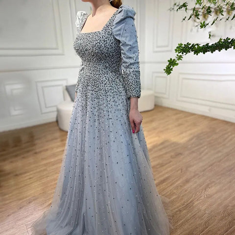 Vestidos de noche elegantes de lujo con cuentas, corte en A, color gris árabe, hombros abullonados, para mujer, ideales para bodas y fiestas (2025) LA71368 