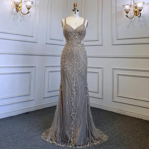 Robe de soirée élégante style sirène grise à bretelles spaghetti, tenue de luxe ornée de perles, style arabe, LA71652, 2025 