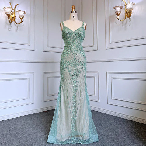 Robe de soirée élégante style sirène grise à bretelles spaghetti, tenue de luxe ornée de perles, style arabe, LA71652, 2025 