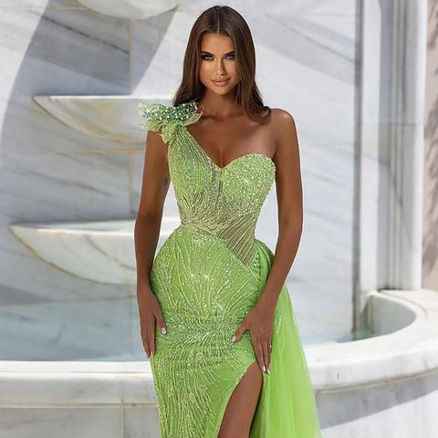 Arabic Lemen One Shoulder Mermaid Sexy High Split Beaded Evening Dresses Gowns 2025 For Women Wedding Party LA71968