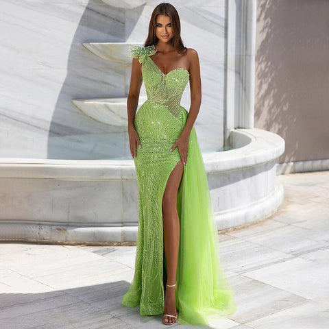 Arabic Lemen One Shoulder Mermaid Sexy High Split Beaded Evening Dresses Gowns 2025 For Women Wedding Party LA71968