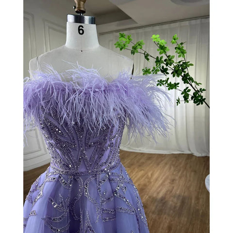 Arabic Lilac A-Line Ankle Length Beaded Feather Luxury Evening Dresses Gowns for Women Wedding Party 2025 LA71932