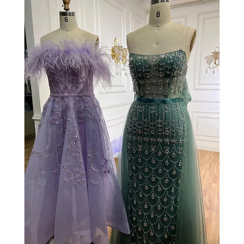 Arabic Lilac A-Line Ankle Length Beaded Feather Luxury Evening Dresses Gowns for Women Wedding Party 2025 LA71932