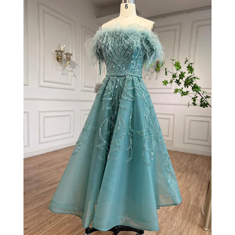 Arabic Lilac A-Line Ankle Length Beaded Feather Luxury Evening Dresses Gowns for Women Wedding Party 2025 LA71932