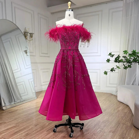 Arabic Lilac A-Line Ankle Length Beaded Feather Luxury Evening Dresses Gowns for Women Wedding Party 2025 LA71932