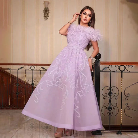 Arabic Lilac A-Line Ankle Length Beaded Feather Luxury Evening Dresses Gowns for Women Wedding Party 2025 LA71932