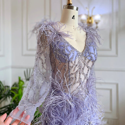 Arabic Lilac Mermaid Sexy High Split With Skirt Beaded Feathers Evening Dresses Gowns 2025 For Women Party LA71989