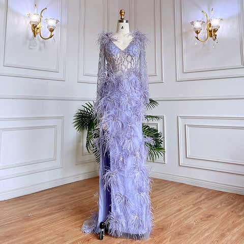 Arabic Lilac Mermaid Sexy High Split With Skirt Beaded Feathers Evening Dresses Gowns 2025 For Women Party LA71989