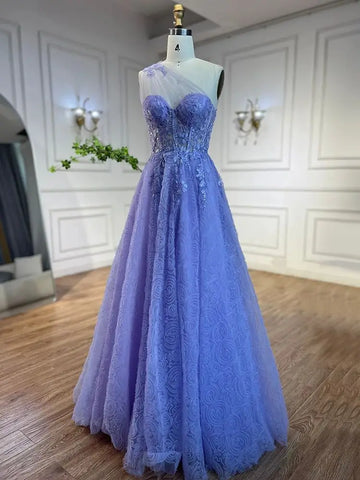 Arabic Lilac One-Shoulder A-Line Lace Appliques Luxury Prom Dress for Women's Party 2025 LA72637