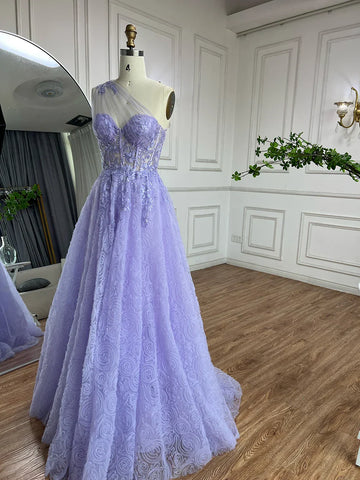 Arabic Lilac One-Shoulder A-Line Lace Appliques Luxury Prom Dress for Women's Party 2025 LA72637