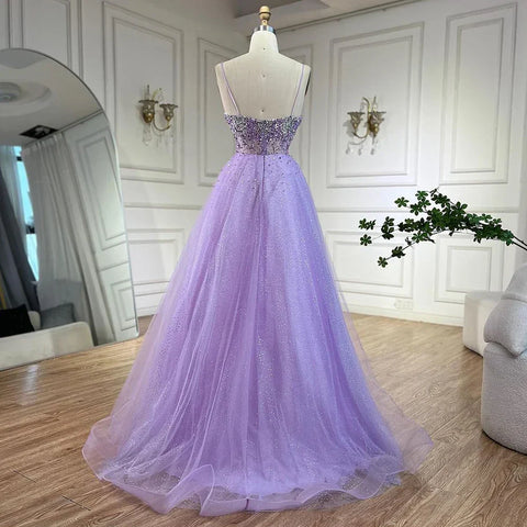 Robe de soirée de luxe à bretelles spaghetti, style arabe lilas, avec perles, style Dubaï, pour femme, 2025, LA72571 
