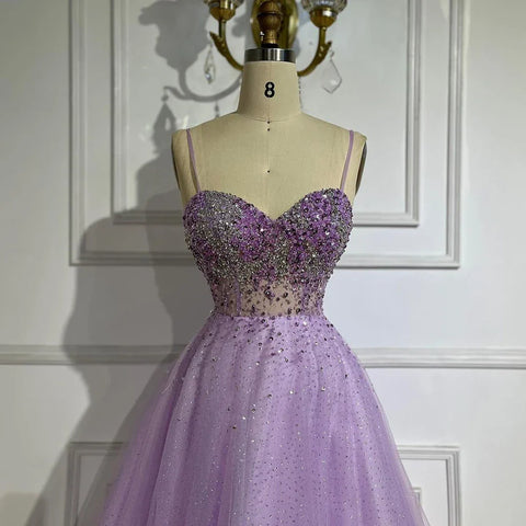 Robe de soirée de luxe à bretelles spaghetti, style arabe lilas, avec perles, style Dubaï, pour femme, 2025, LA72571 