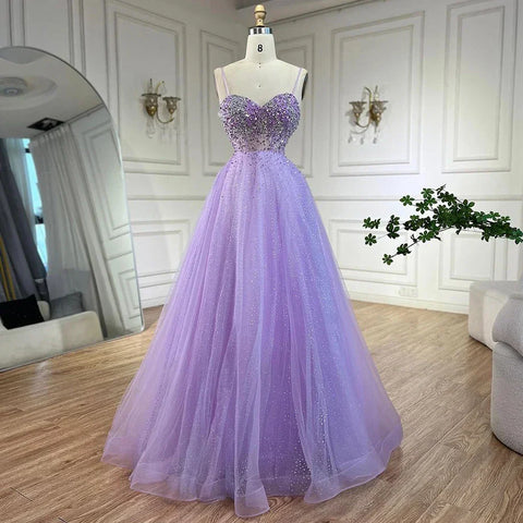 Robe de soirée de luxe à bretelles spaghetti, style arabe lilas, avec perles, style Dubaï, pour femme, 2025, LA72571 