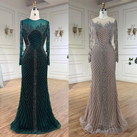 Arabic Luxury Crystal Pearls Sliver Nude Dubai Evening Dresses for Women Wedding Formal Prom Party Gown 2025 LA72478
