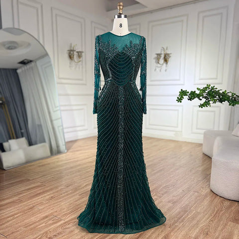 Arabic Luxury Crystal Pearls Sliver Nude Dubai Evening Dresses for Women Wedding Formal Prom Party Gown 2025 LA72478