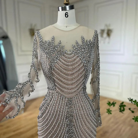 Arabic Luxury Crystal Pearls Sliver Nude Dubai Evening Dresses for Women Wedding Formal Prom Party Gown 2025 LA72478
