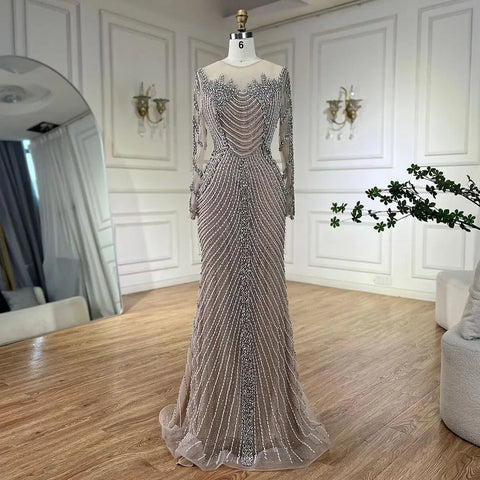 Arabic Luxury Crystal Pearls Sliver Nude Dubai Evening Dresses for Women Wedding Formal Prom Party Gown 2025 LA72478