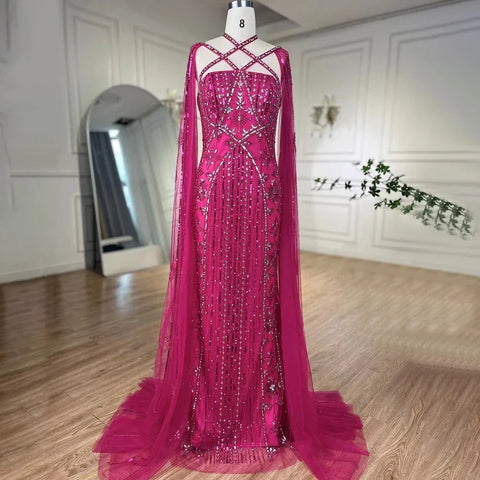 Vestido de noche de sirena de lujo color lila aguamarina con mangas tipo capa LA71905