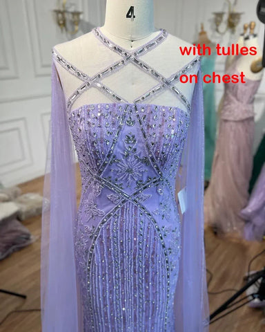 Vestido de noche de sirena de lujo color lila aguamarina con mangas tipo capa LA71905