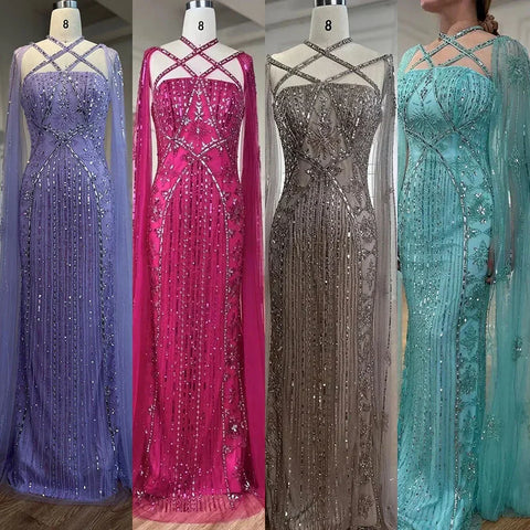 Vestido de noche de sirena de lujo color lila aguamarina con mangas tipo capa LA71905