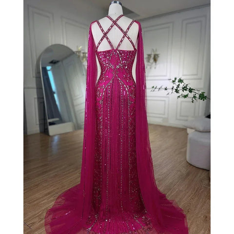 Vestido de noche de sirena de lujo color lila aguamarina con mangas tipo capa LA71905