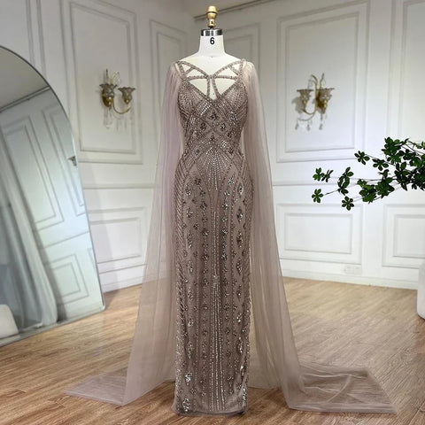 Arabic Luxury Dubai Mermaid Elegant Lilac Shawl Yarn Beaded Evening Dresses Gowns 2025 For Women Party LA72186