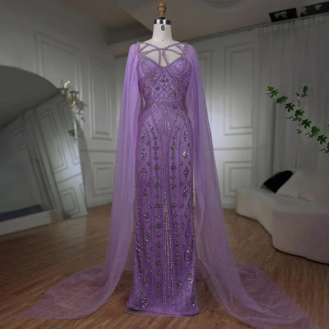 Arabic Luxury Dubai Mermaid Elegant Lilac Shawl Yarn Beaded Evening Dresses Gowns 2025 For Women Party LA72186