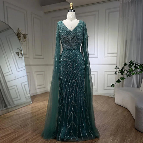Vestido de noche de lujo estilo sirena árabe, azul con cuentas, elegante capa y mangas, para mujer, ideal para bodas y fiestas (2025) LA71493A 